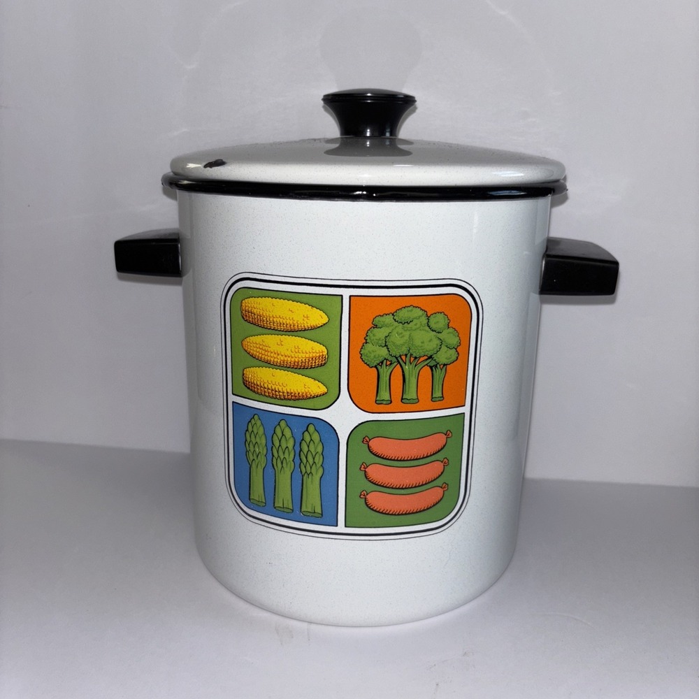 Vintage Enamel Cooker Pot w/ Lid Steamer Separator Basket Vegetable Pan Retro